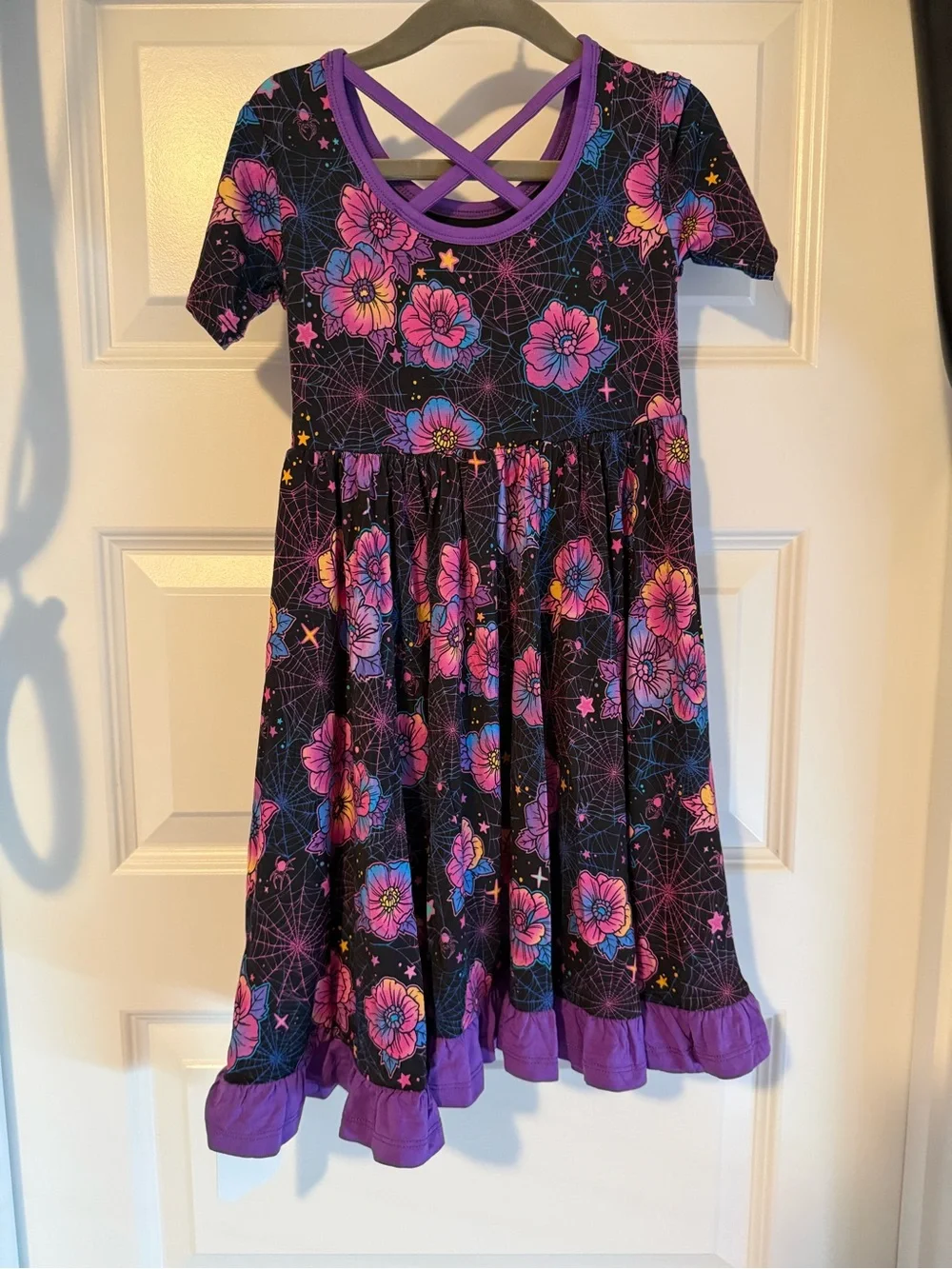 Girls' Purple Floral Halloween Bamboo Dress with Ruffle Hem